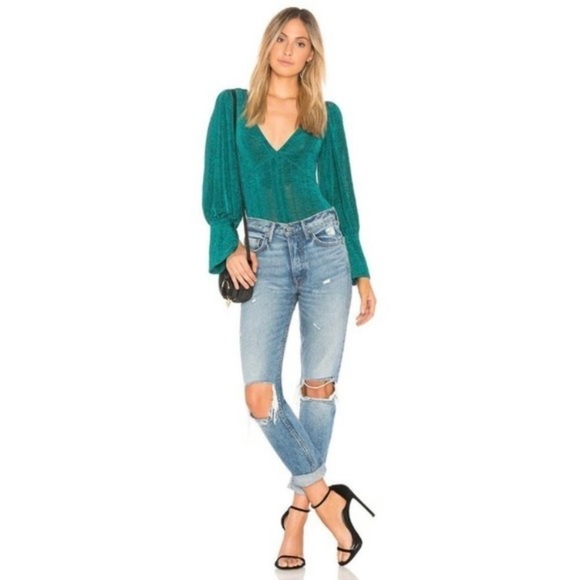 Free People Womens Killer Queen Tee Blouse Sz Small Green Long Sleeve V Neck - Picture 2 of 9